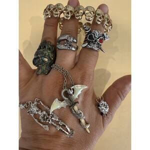11 Piece Jewelry Lot Rings Skull Gothic Dragon Necklace Spider Brooch Halloween